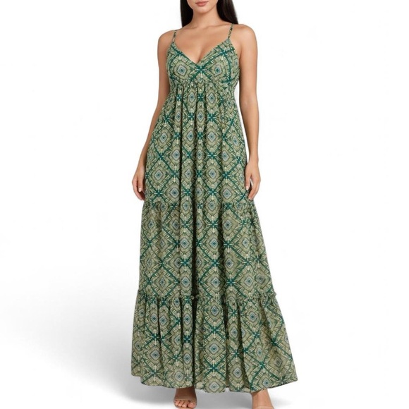 Fashion Nova Dresses & Skirts - Fashion Nova Camryn Chiffon Flowy Maxi Dress Green Boho Print Size Small